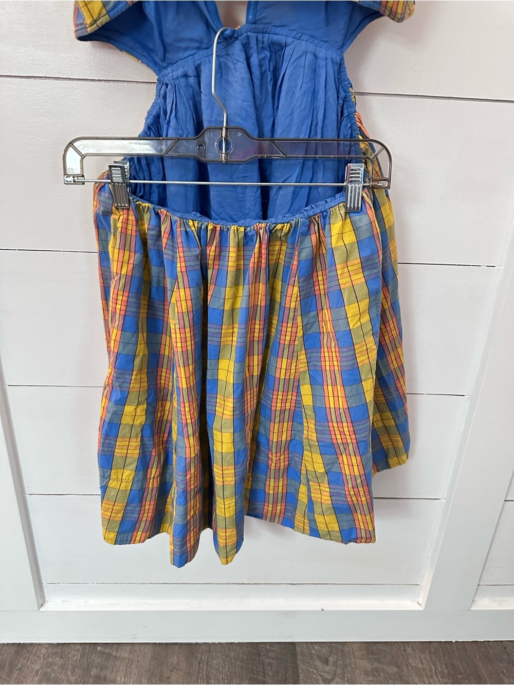 Free People M Bridget yellow-blue plaid open halter 100% cotton back mini dress - Picture 10 of 13